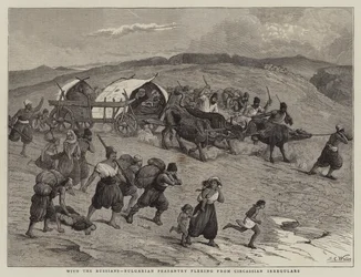 Mit den Russen, bulgarische Bauern fliehen vor tscherkessischen Irregulären